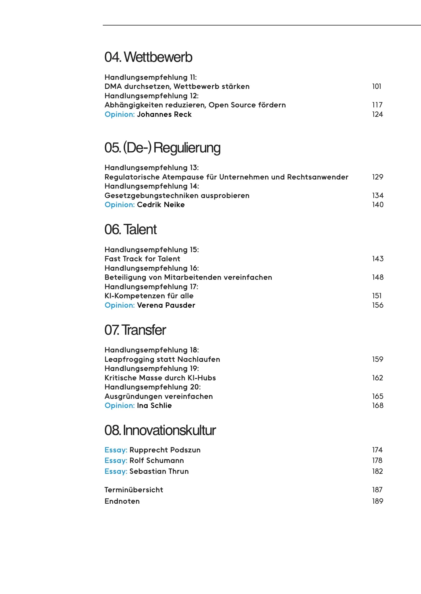 Inhaltsverzeichnis mit großen nummerierten Kapitelüberschriften, gepunkteten Führungslinien und cyanfarbenen Wegweiser-Labels.