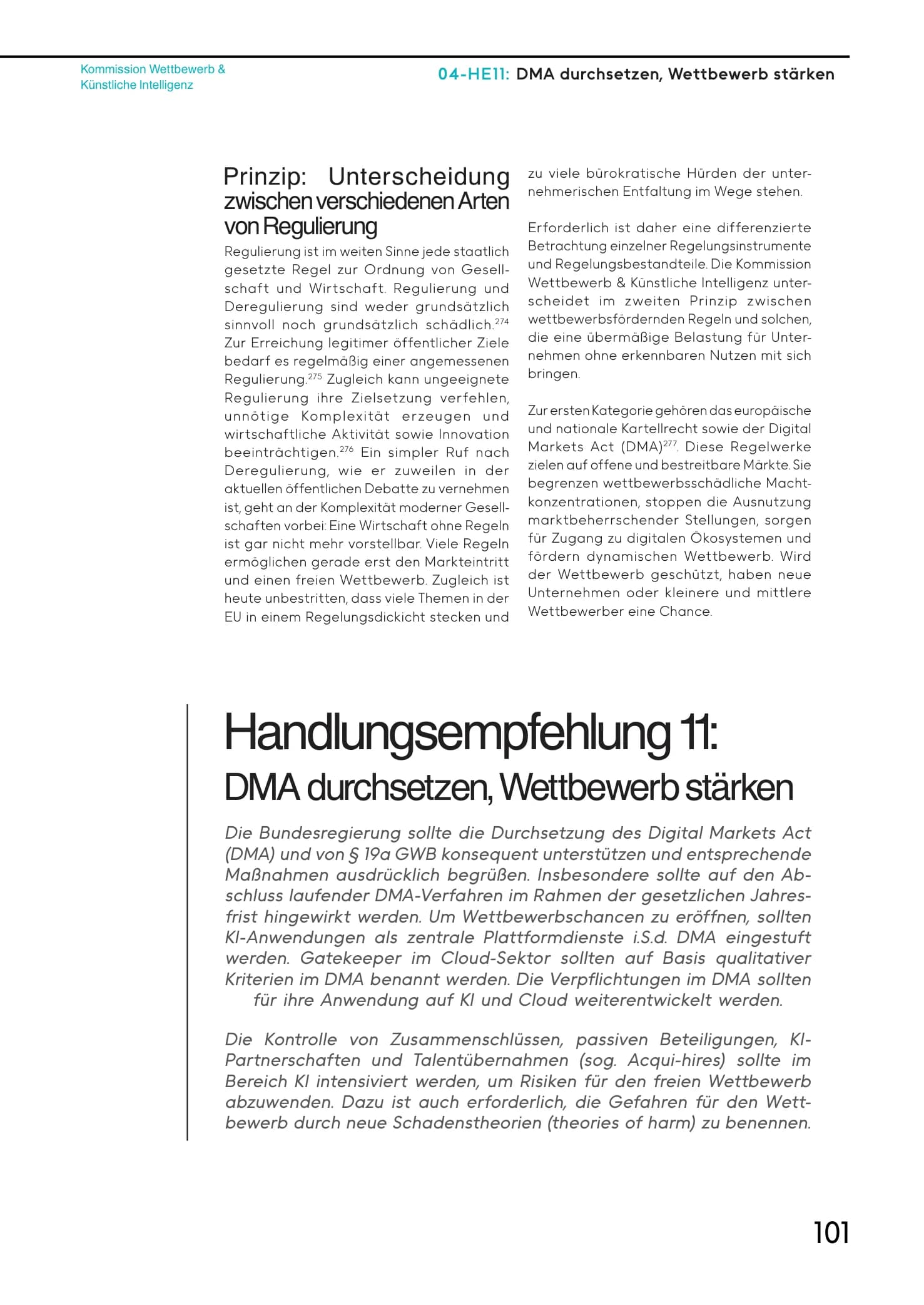Auftakt der „Handlungsempfehlung 11“: zweispaltiger wissenschaftlicher Text über einem großen Empfehlungsblock mit vertikaler Linie.