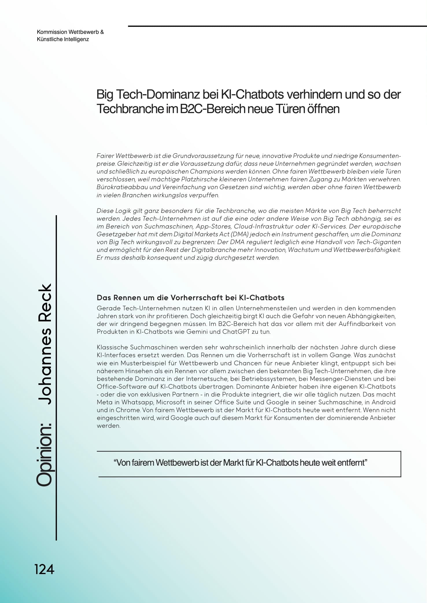 Meinungsseite „Opinion: Johannes Reck“ mit um 90 Grad gedrehtem Seitenlabel, kursivem Vorspann und gerahmtem Zitat.